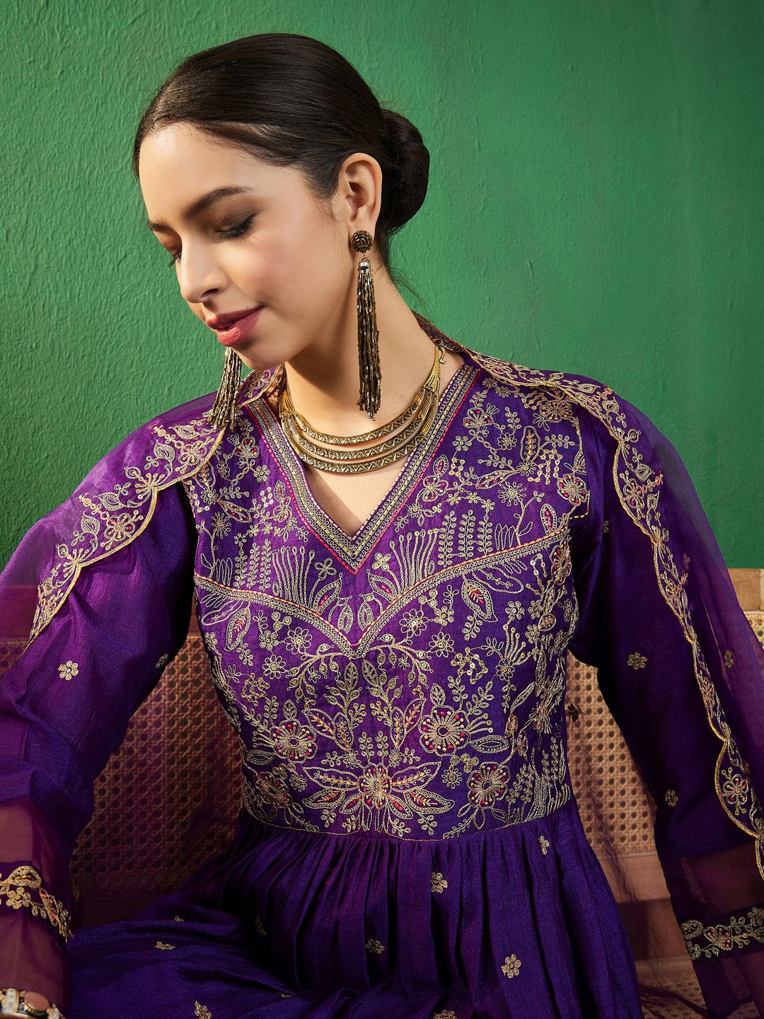 Dhiyona SN Purple Ethnic Motifs Embroidered A-Line Kurta With Palazzo & Dupatta