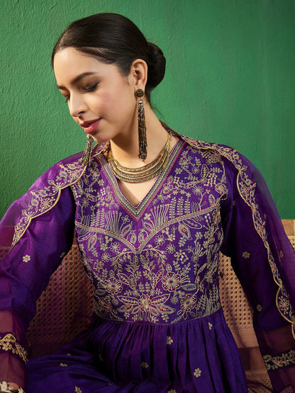 Dhiyona SN Purple Ethnic Motifs Embroidered A-Line Kurta With Palazzo & Dupatta