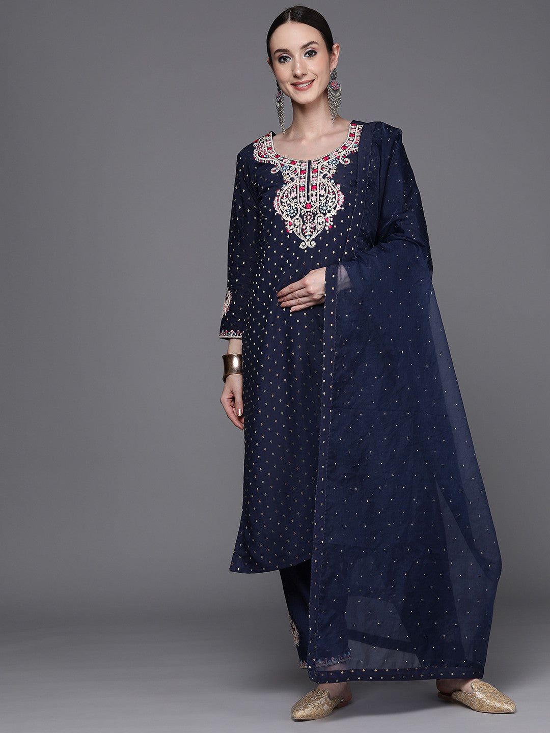 Women Embroidered Thread Work Chanderi Silk Kurta with Trousers & With