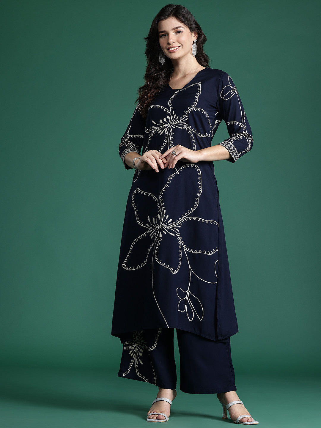 Floral Printed Mirror Work Kurta with Trousers
