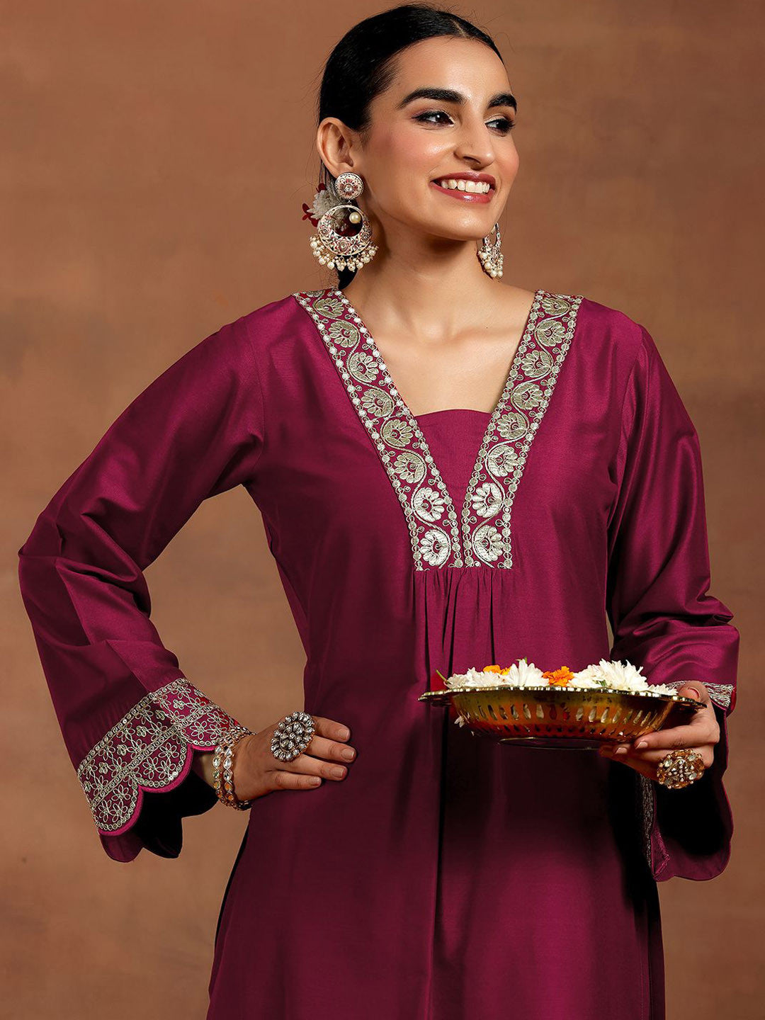 Women Floral Yoke Design Pleated Kurta with Trousers