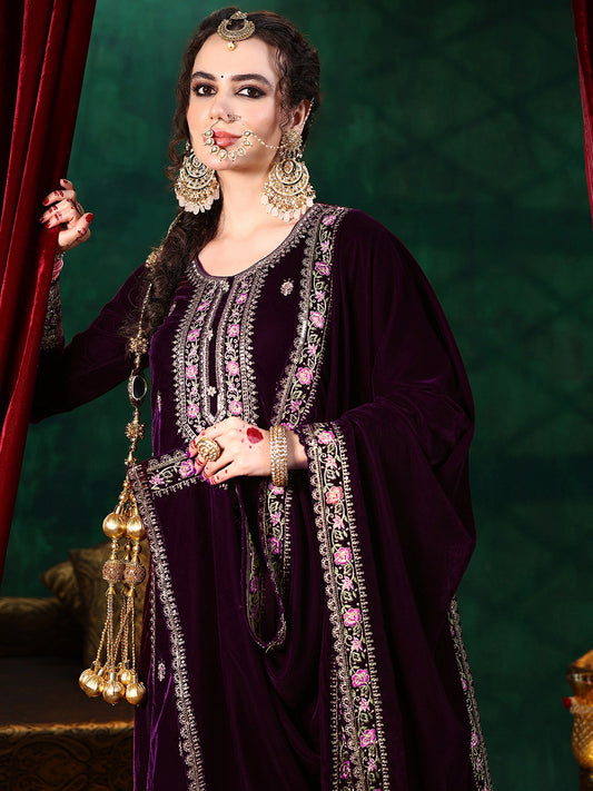 Floral Embroidered Panelled Work Velvet Kurta With Trousers & Dupatta
