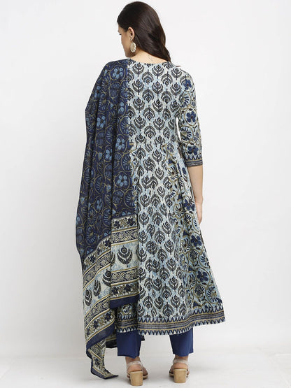 Dhiyona KL Ethnic Motifs Printed Pure Cotton Anarkali Kurta with Trousers & Dupatta