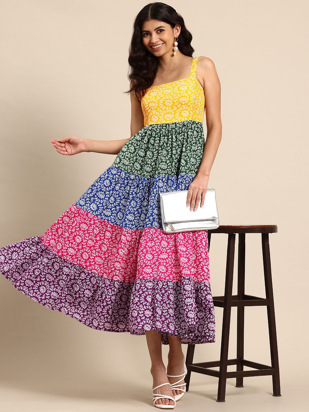 Dhiyona AY Women's Floral Printed Tiered Fit & Flare Midi Ethnic Dress