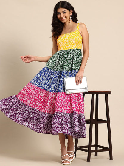 Dhiyona AY Women's Floral Printed Tiered Fit & Flare Midi Ethnic Dress