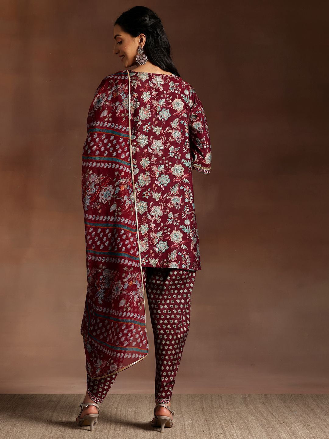 Women Floral Printed Regular Sequinned Kurta with Dhoti Pants & With Dupatta