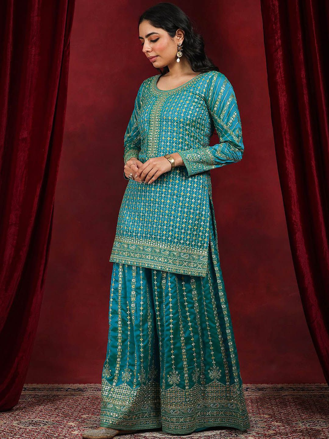 Dhiyona LL Sequinnce Embellished Round Neck Kurta with Palazzos & Dupatta