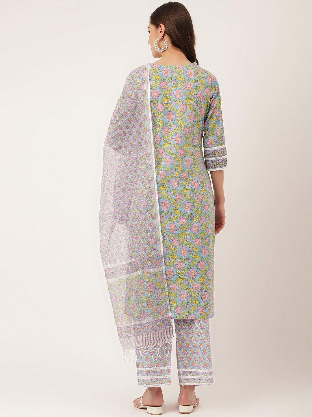 Dhiyona KL Floral Printed Pure Cotton Straight Kurta & Trousers With Dupatta