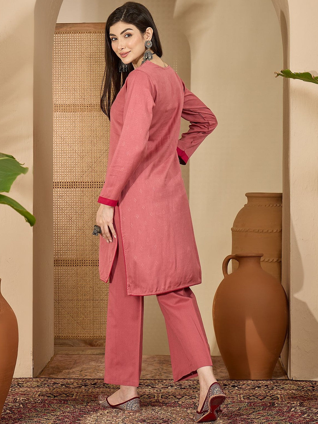 Winter Ethnic Fusion three-Piece kurta Set with Tassel-Tie Jacquard Jacket