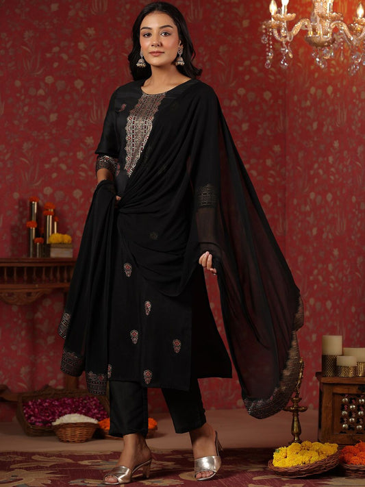 Dhiyona IS Women's Black Ethnic Motifs Printed Straight Kurta & Trouser With Dupatta