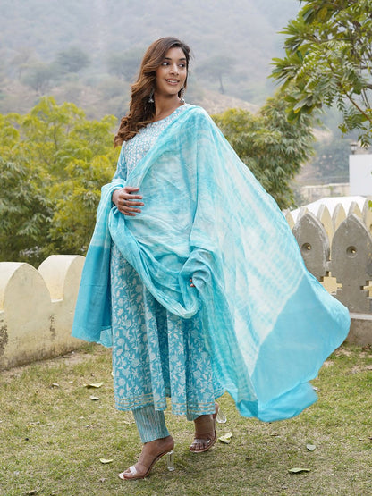 Dhiyona KL Floral Printed Regular Mirror Work Pure Cotton Kurta with Trousers & With Dupatta