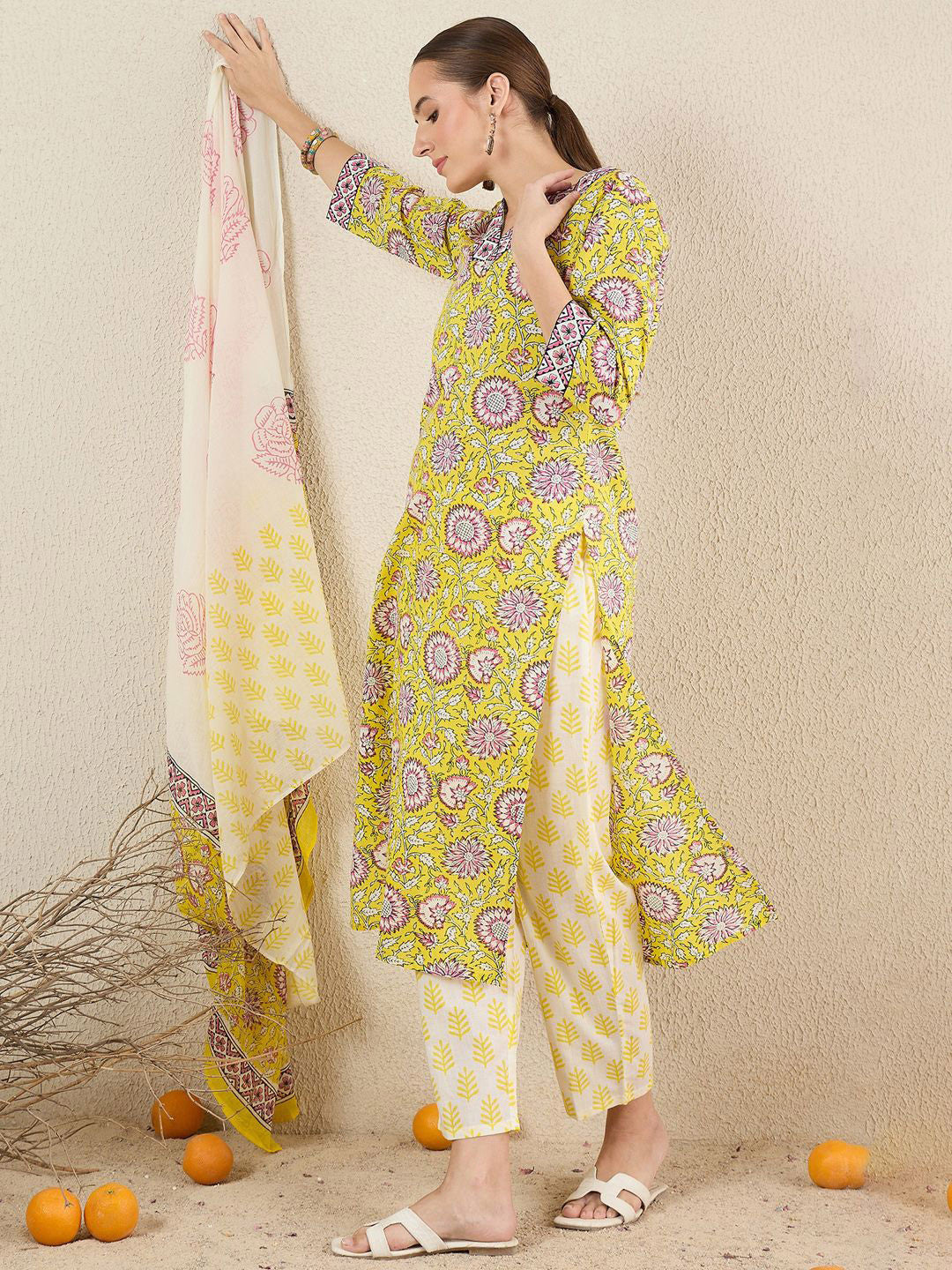 Floral Printed Pure Cotton V-Neck Straight Kurta with Trousers and Dupatta