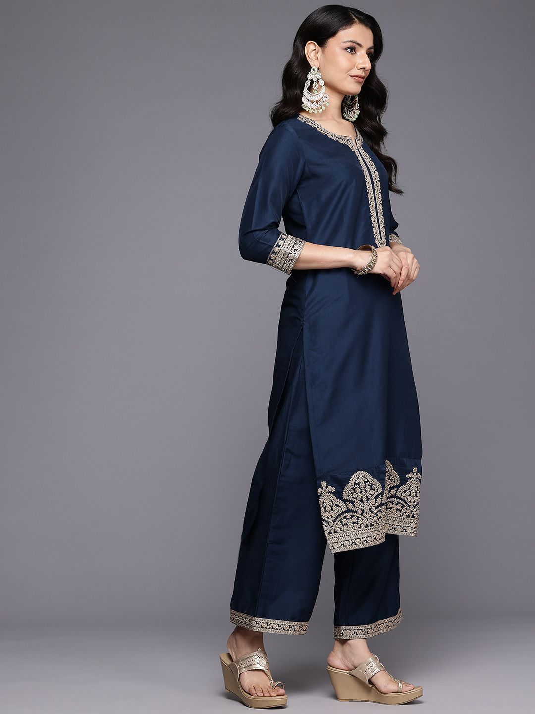 Dhiyona VA Ethnic Motifs Embroidered Zari Kurta With Palazzos & Dupatta