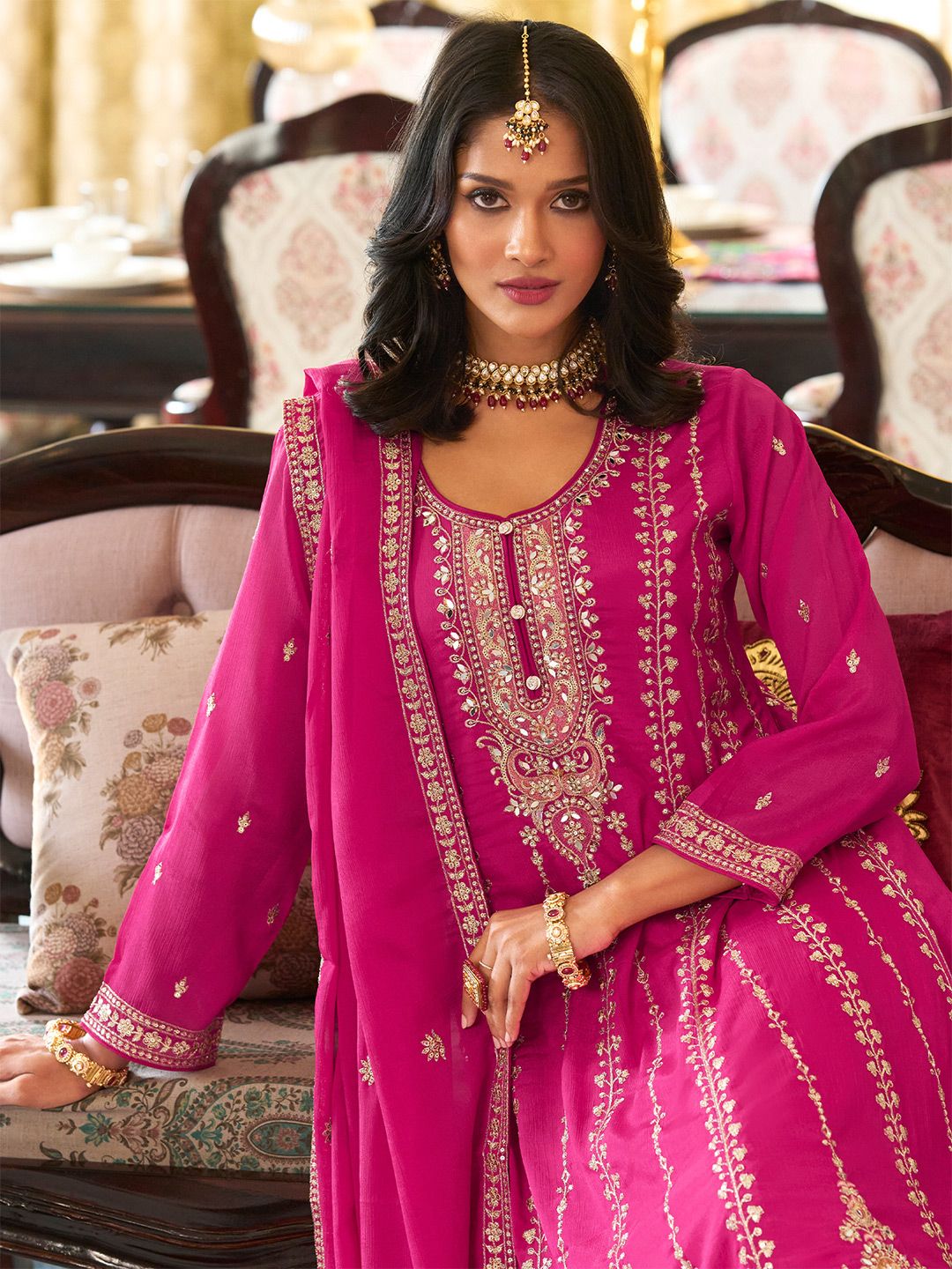 Dhiyona IE Women Floral Embroidered Kurta with Palazzo & Dupatta