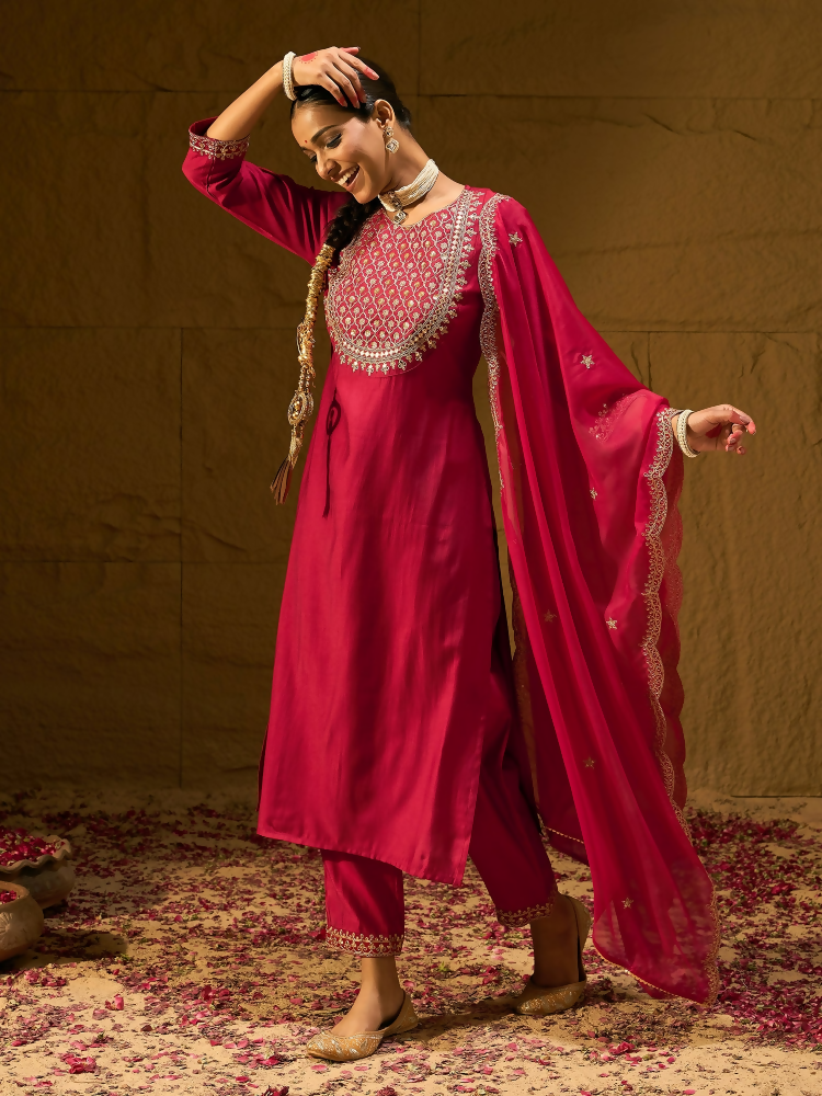 Women's Red Embroidered Straight Kurta Trousers With Dupatta Set