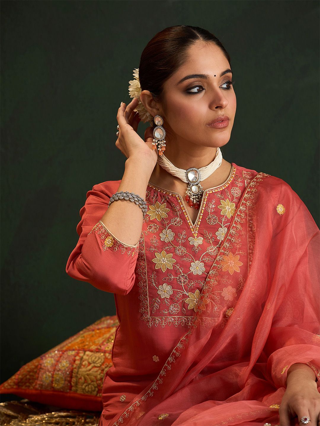 Women Floral Embroidered Regular Sequinned Kurta with Trousers & With Dupatta