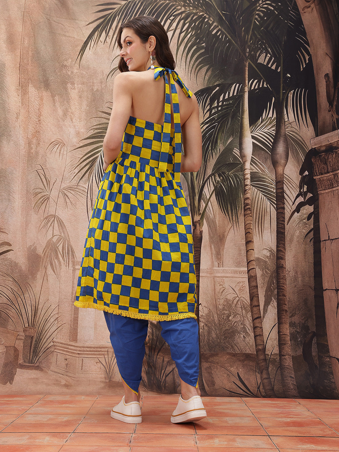 Checked Halter Neck Empire Style Pure Cotton A-Line Fusion Republic Day Kurta with Dhoti Pants