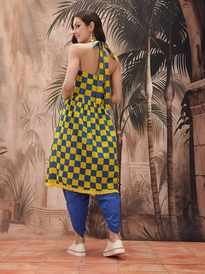 Checked Halter Neck Empire Style Pure Cotton A-Line Fusion Republic Day Kurta with Dhoti Pants
