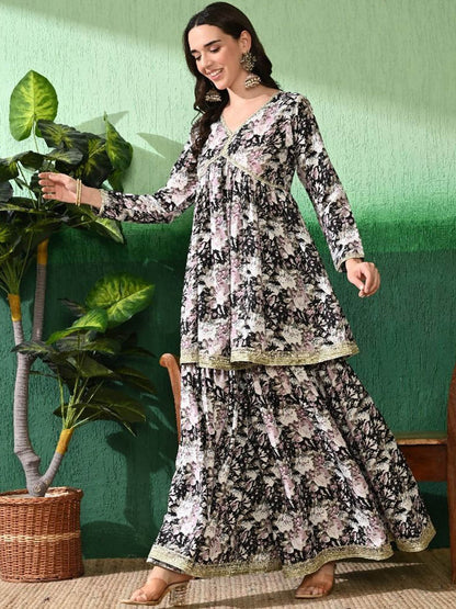 Floral Printed Empire V-Neck A-Line Kurta With Sharara