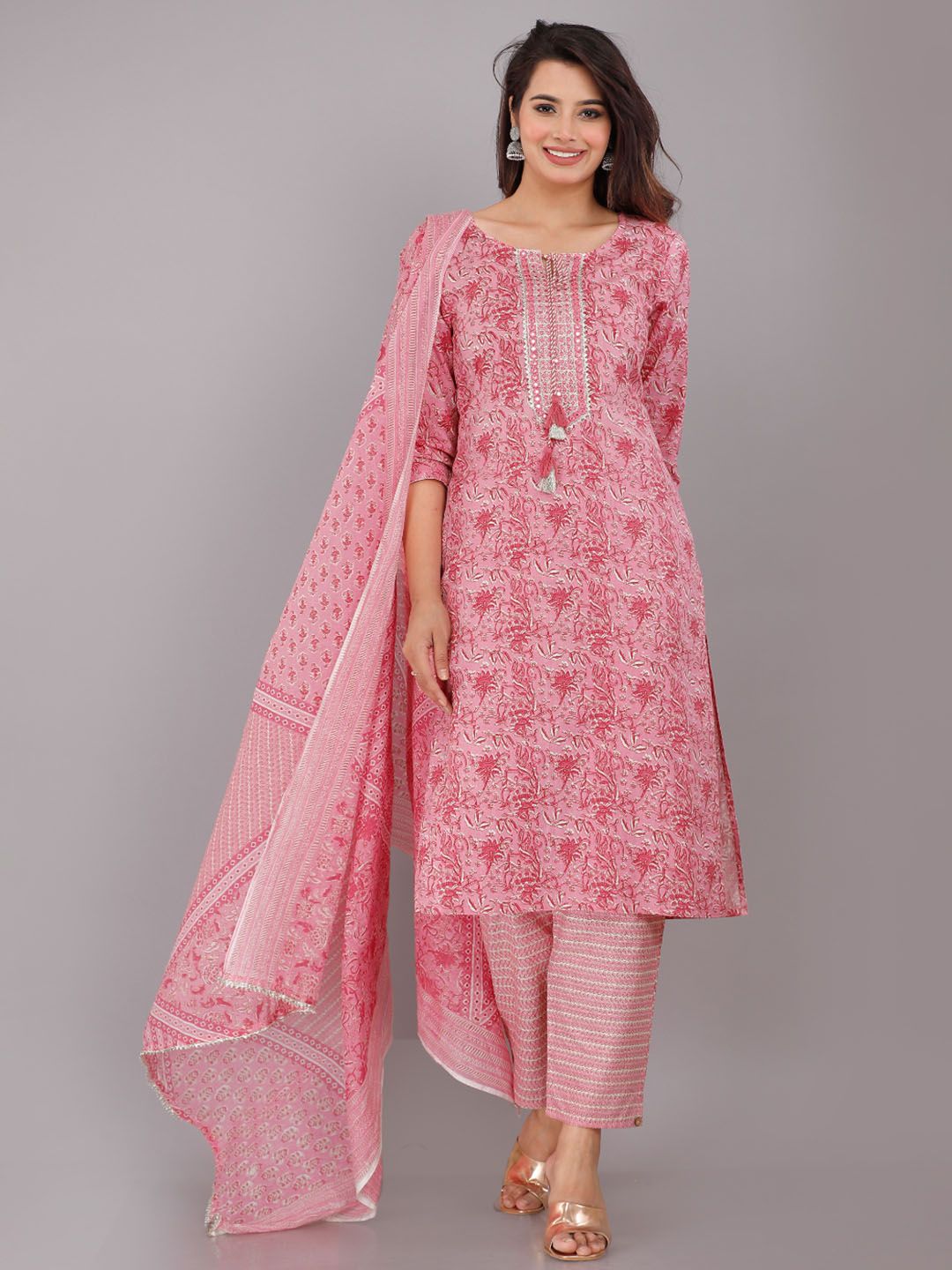 Dhiyona KL Embroidered Floral Printed Pure Cotton Regular Kurta with Trousers & Dupatta