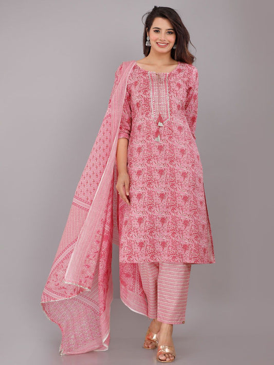 Dhiyona KL Embroidered Floral Printed Pure Cotton Regular Kurta with Trousers & Dupatta