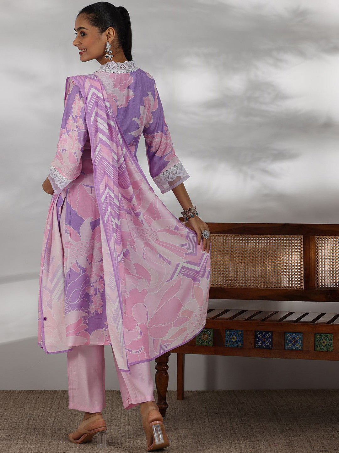 Floral Printed V-Neck Straight Kurta with Trouser & Dupatta