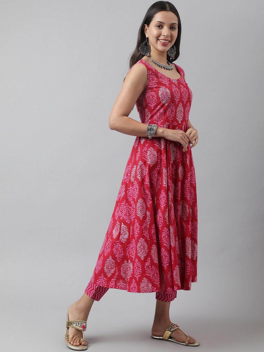 Dhiyona KL Ethnic Motifs Printed Sequinned Cotton Anarkali Kurta & Trousers With Dupatta
