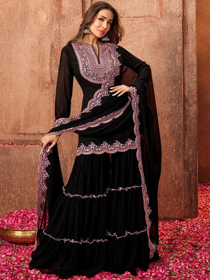 Dhiyona IN Women Black Ethnic Motifs Thread Work Kurta with Sharara & With Dupatta