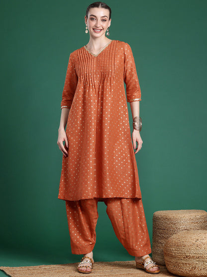 Ethnic Motifs Printed V-Neck Regular Thread Work Kurta with Patiala