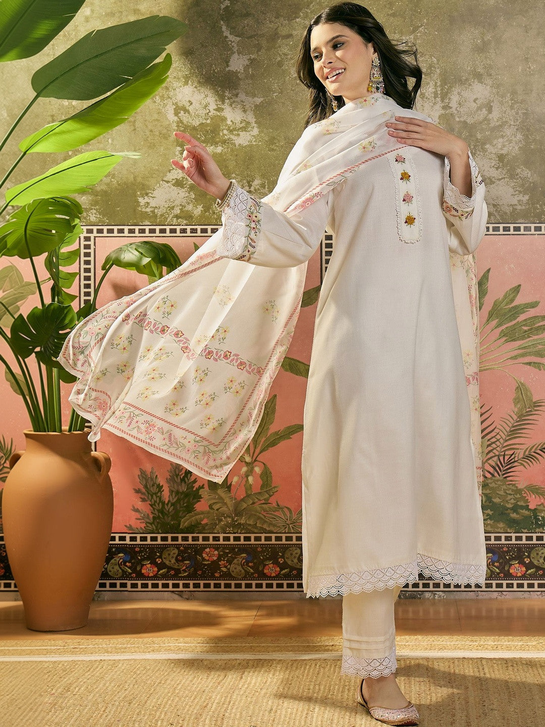 Embroidered V-Neck Kurta & Trousers Kurta Set