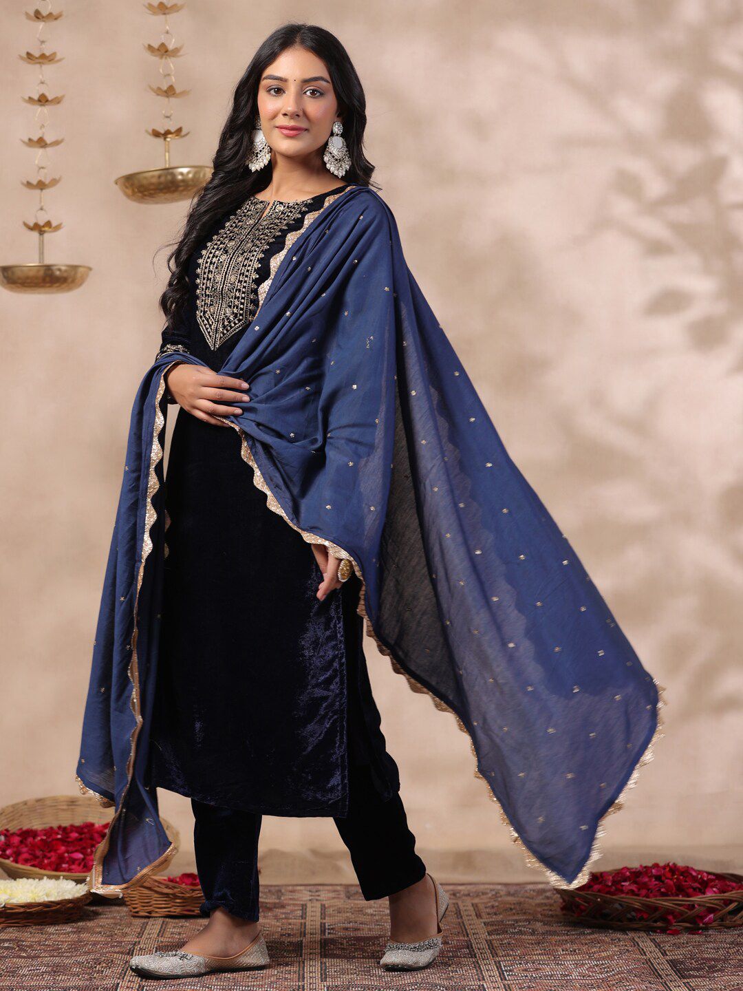 Dhiyona IS Women's Ethnic Motifs Thread Work Notch Neck Velvet Yoke Design Kurta With Trouser & Dupatta