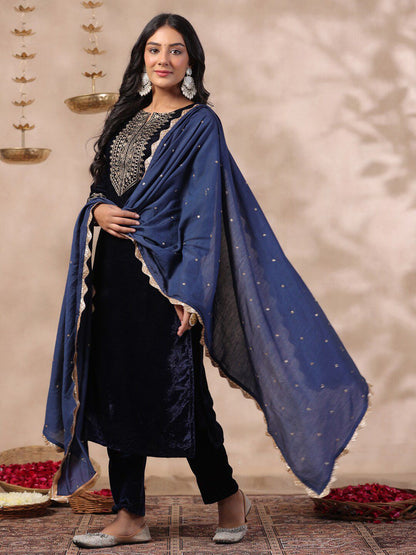 Dhiyona IS Women's Ethnic Motifs Thread Work Notch Neck Velvet Yoke Design Kurta With Trouser & Dupatta