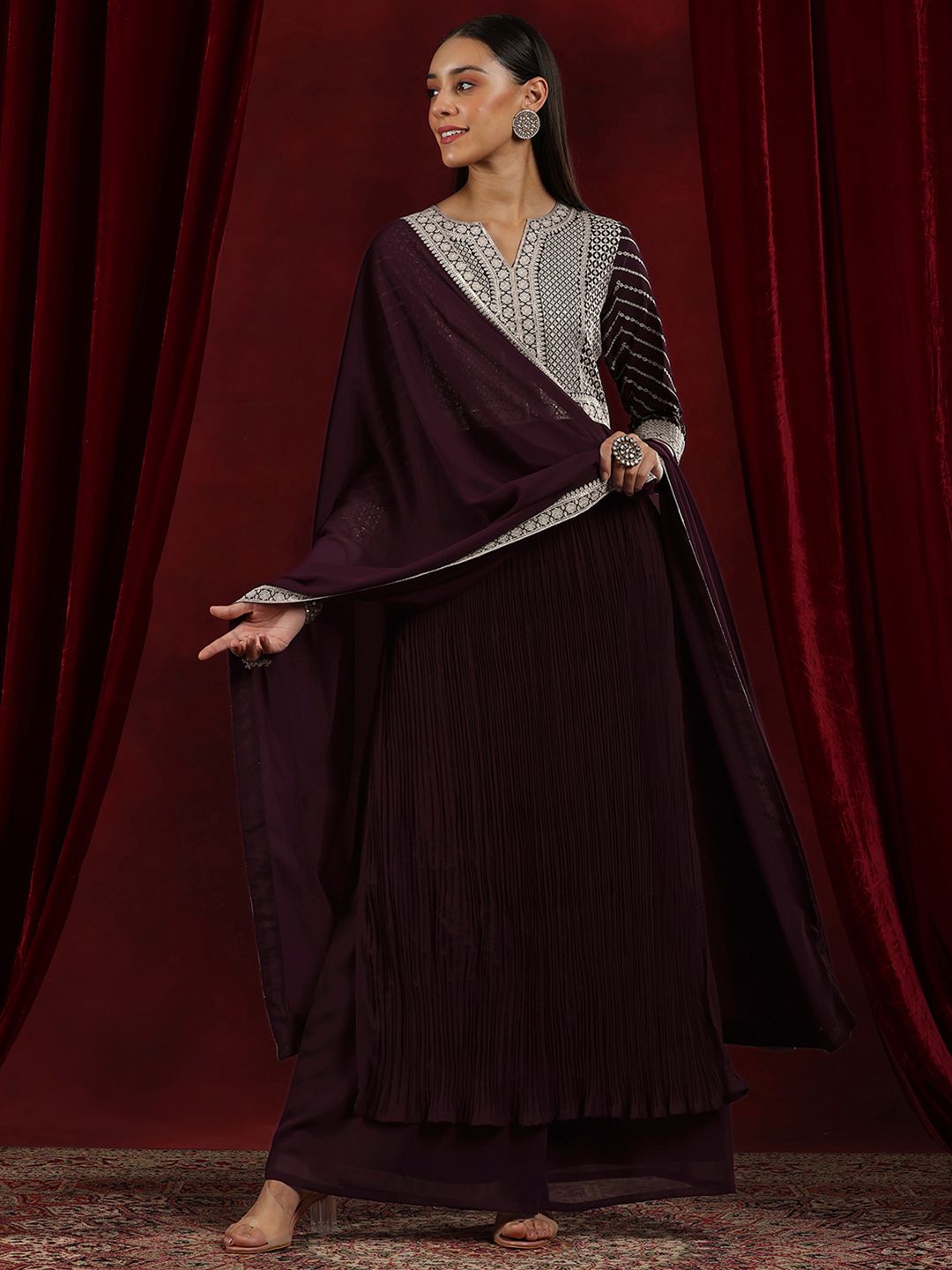 Dhiyona LL Ethnic Motifs Embroidered Sequinned Georgette Kurta with Palazzo & Dupatta