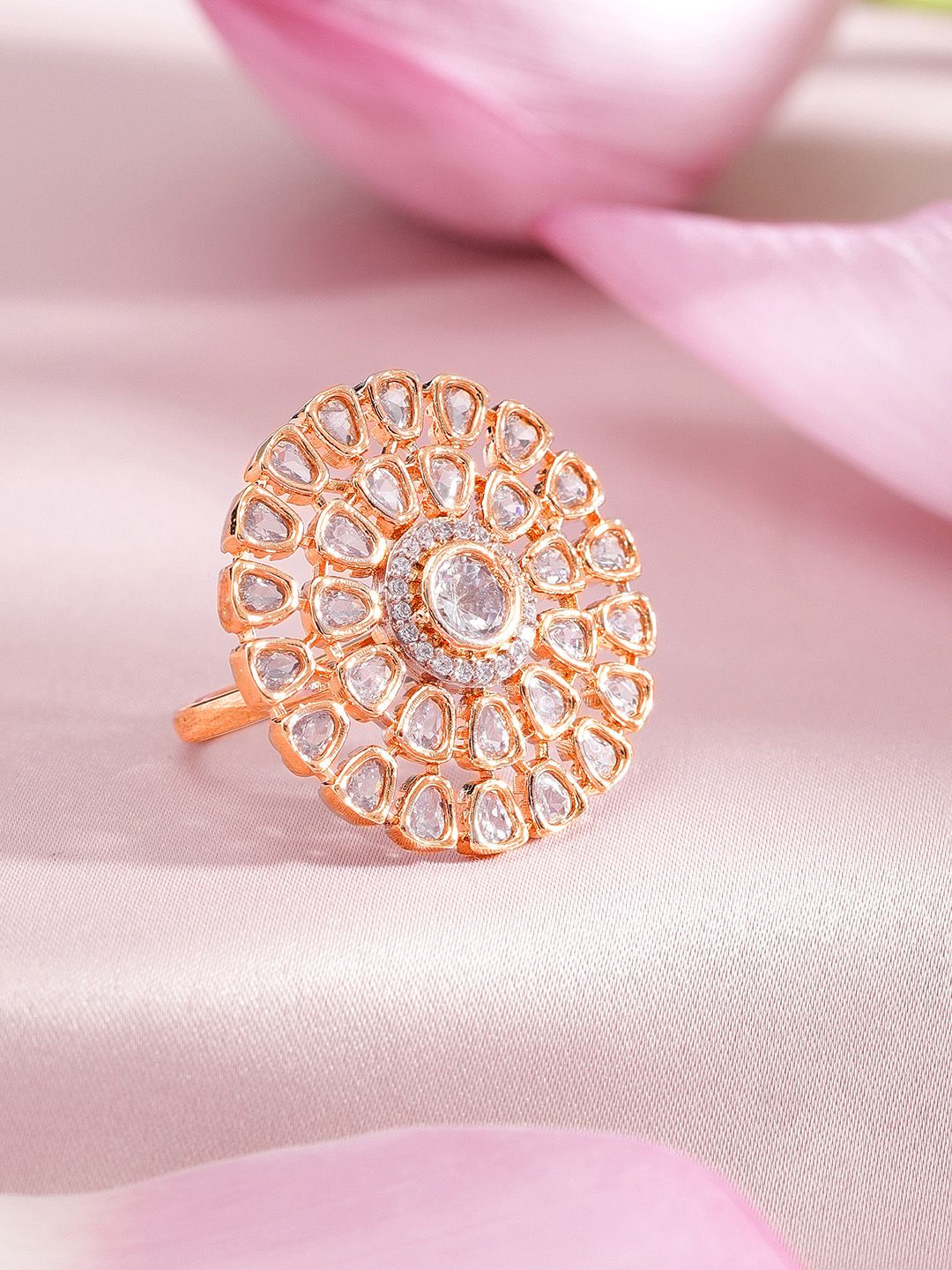 Dhiyona RJ Women's Gold-Toned CZ-Studded Floral-Shaped Cocktail Adjustable Ring