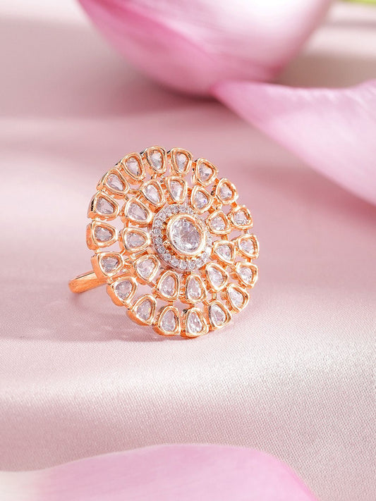 Dhiyona RJ Women's Gold-Toned CZ-Studded Floral-Shaped Cocktail Adjustable Ring
