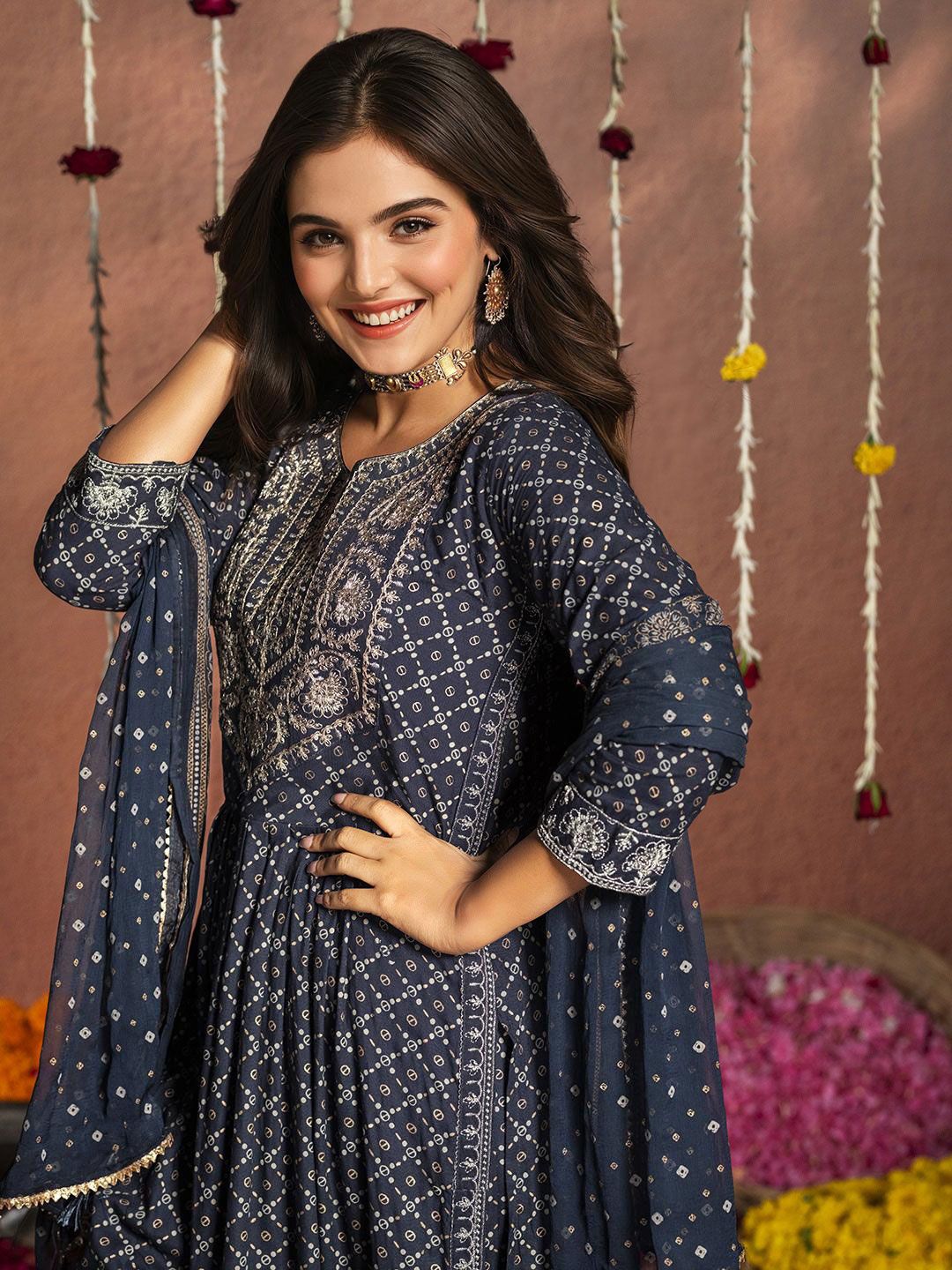 Dhiyona IS Women's Embroidered Pleated Kurta & Trousers With Dupatta