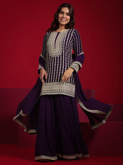 Dhiyona LL Floral Embroidered Georgette Straight Kurti With Palazzos & Dupatta