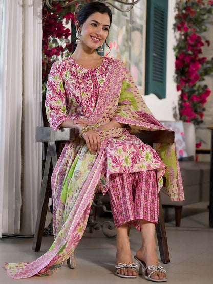 Dhiyona KL Floral Printed Regular Mirror Work Pure Cotton Kurta ,Trousers & Dupatta