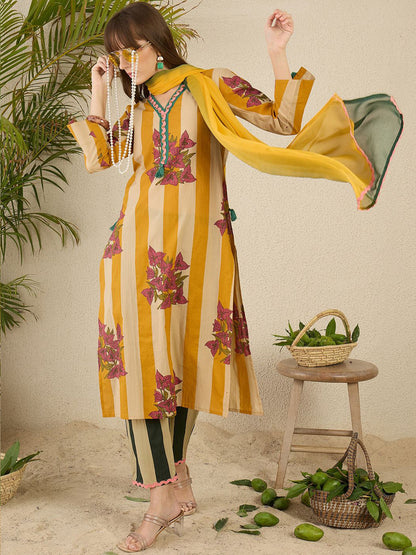 Women Tribal Striped Regular Pure Cotton Kurtas & Trousers With Dupatta