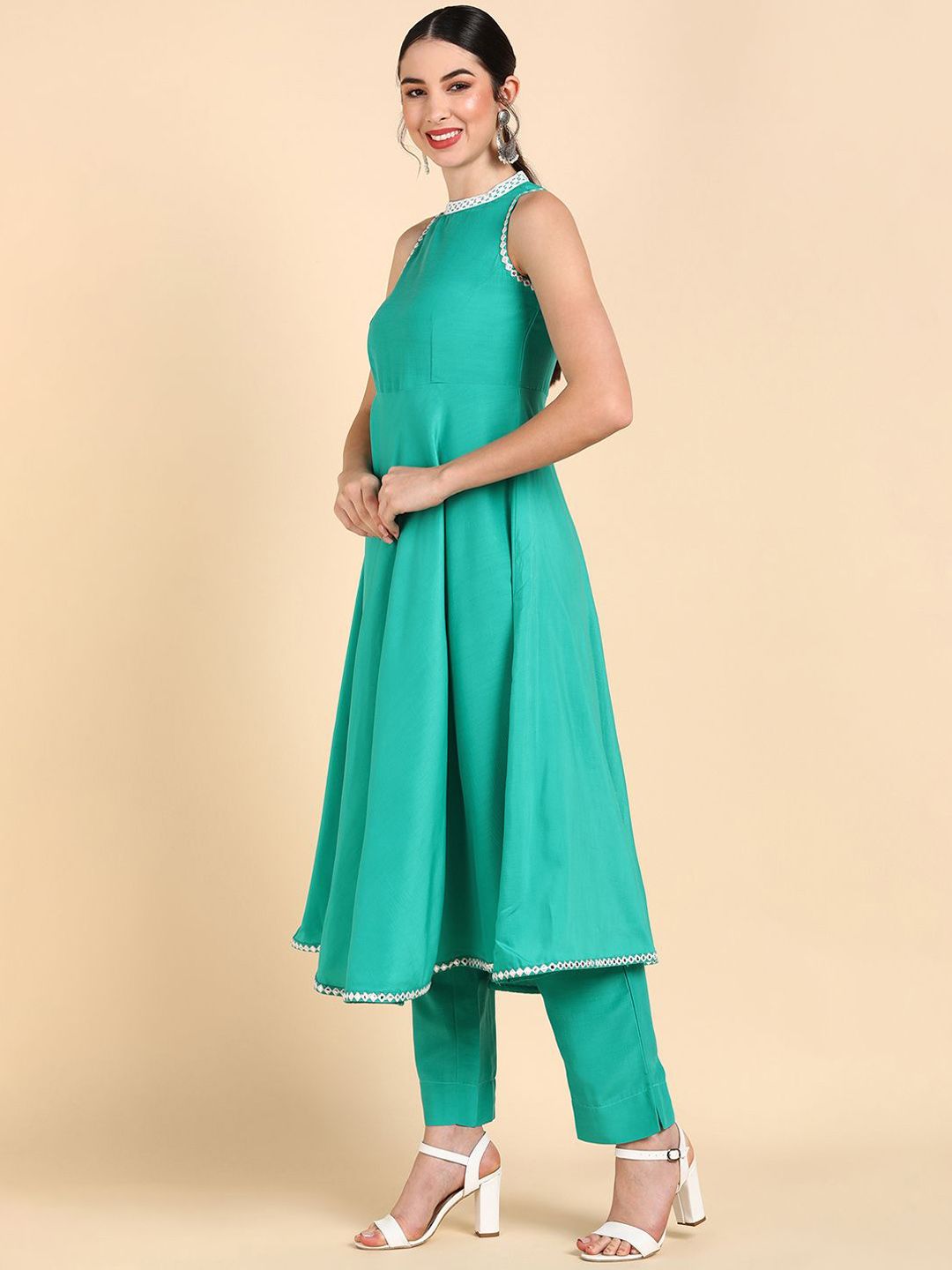 Dhiyona KL Women Mirror Work Anarkali Kurta With Trousers & With Dupatta