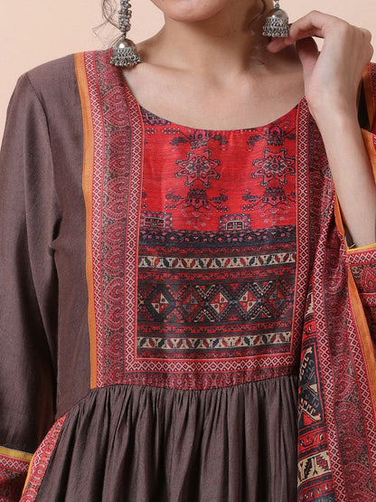 Dhiyona SN Ethnic Motifs Printed Round Neck A-line Kurta With Palazzos & Dupatta