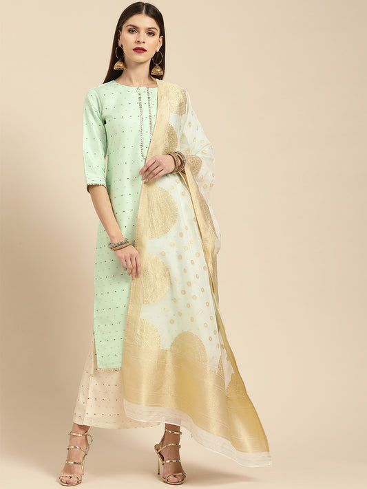 Women Sea Green & Cream-Coloured Woven Design Kurta with Palazzos & Dupatta