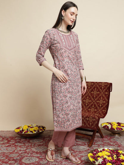 Floral Printed Pure Cotton Round Neck Kurta With Trousers & Dupatta