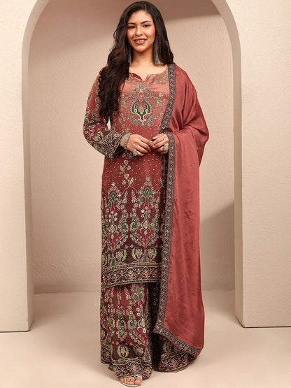 Dhiyona Women's Ethnic Motifs Printed Regular Silk Crepe Kurta with Palazzos & With Dupatta