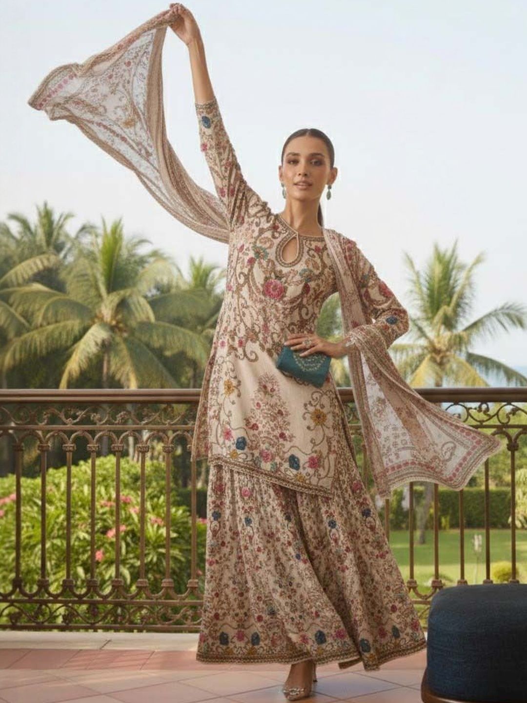 Dhiyona AN Women Floral Printed Regular Silk Crepe Kurta with Sharara & With Dupatta