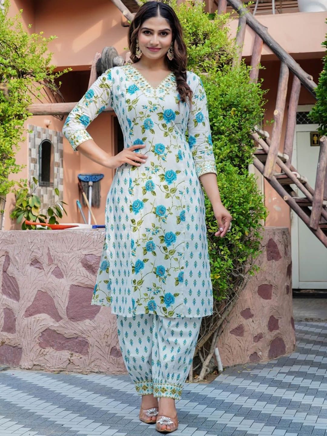 Dhiyona KL Women Floral Printed Regular Mirror Work Pure Cotton Kurta with Salwar & With Dupatta