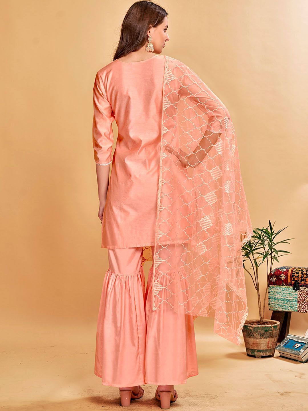 Dhiyona AN Orange Floral Embroidered Mirror Work Chanderi Cotton Kurta With Sharara & Dupatta