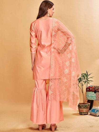 Dhiyona AN Orange Floral Embroidered Mirror Work Chanderi Cotton Kurta With Sharara & Dupatta