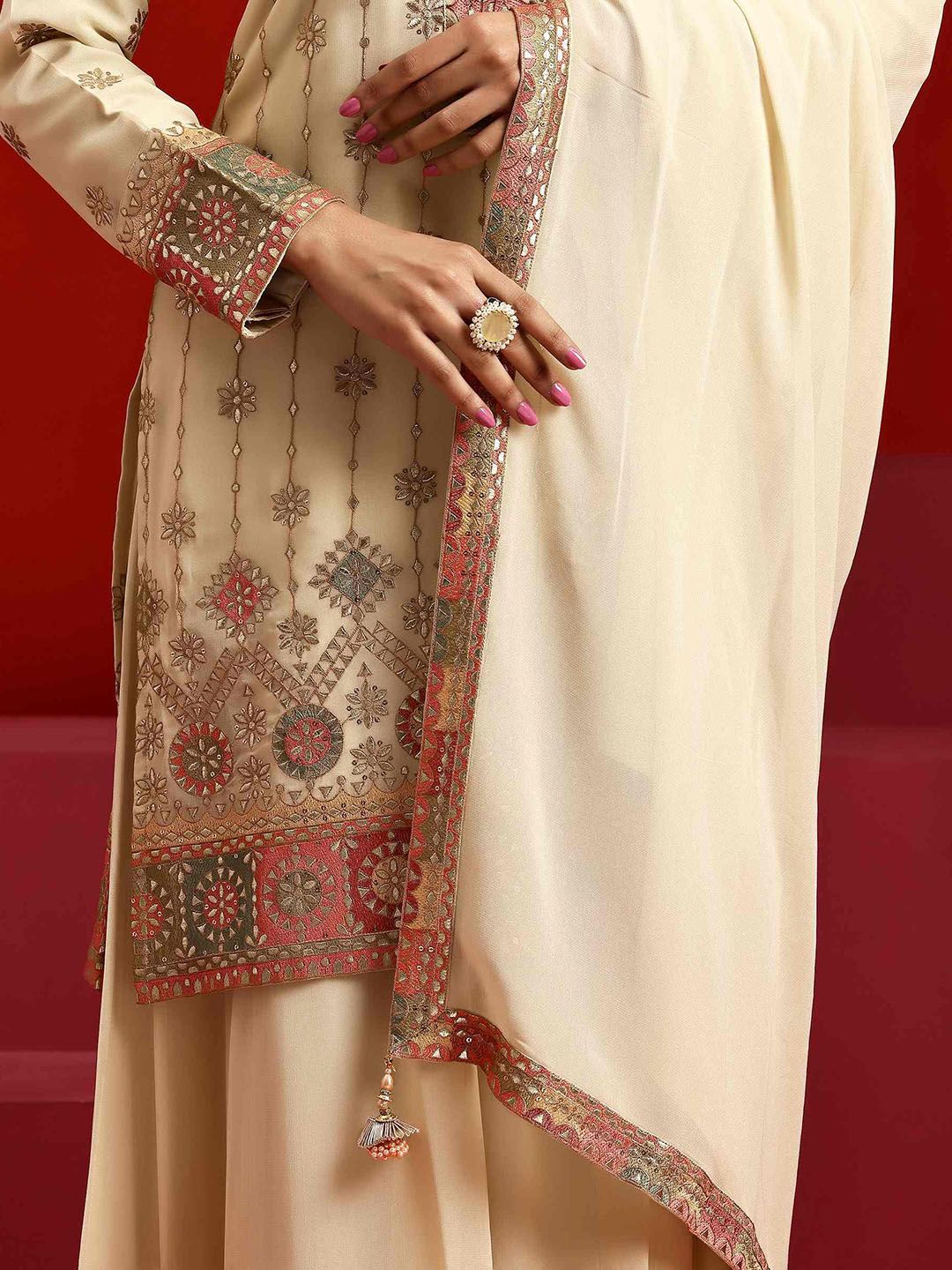 Dhiyona LL Ethnic Motifs Zari Embroidered Georgette Straight Kurta With Palazzos & Dupatta