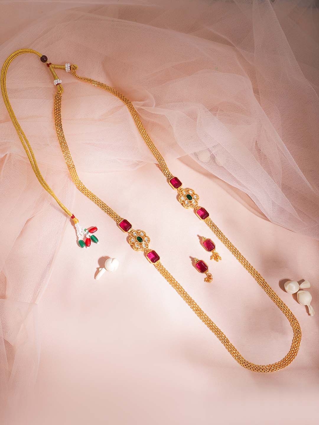 Dhiyona RJ Women's Luxury 22KT Gold Plated Ruby And Emerald Stone Studded White Beaded Jewellery Set